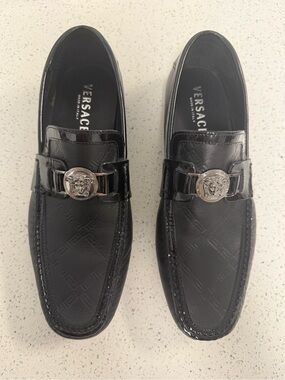 Versace Black Patent Leather Medusa Buckle Loafers Size 43/10